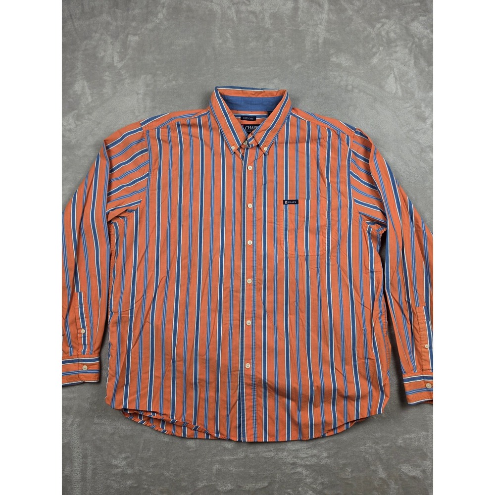Chaps Button Down Shirt Mens XXL Orange Striped Easy Care Long Sleeve Pocket